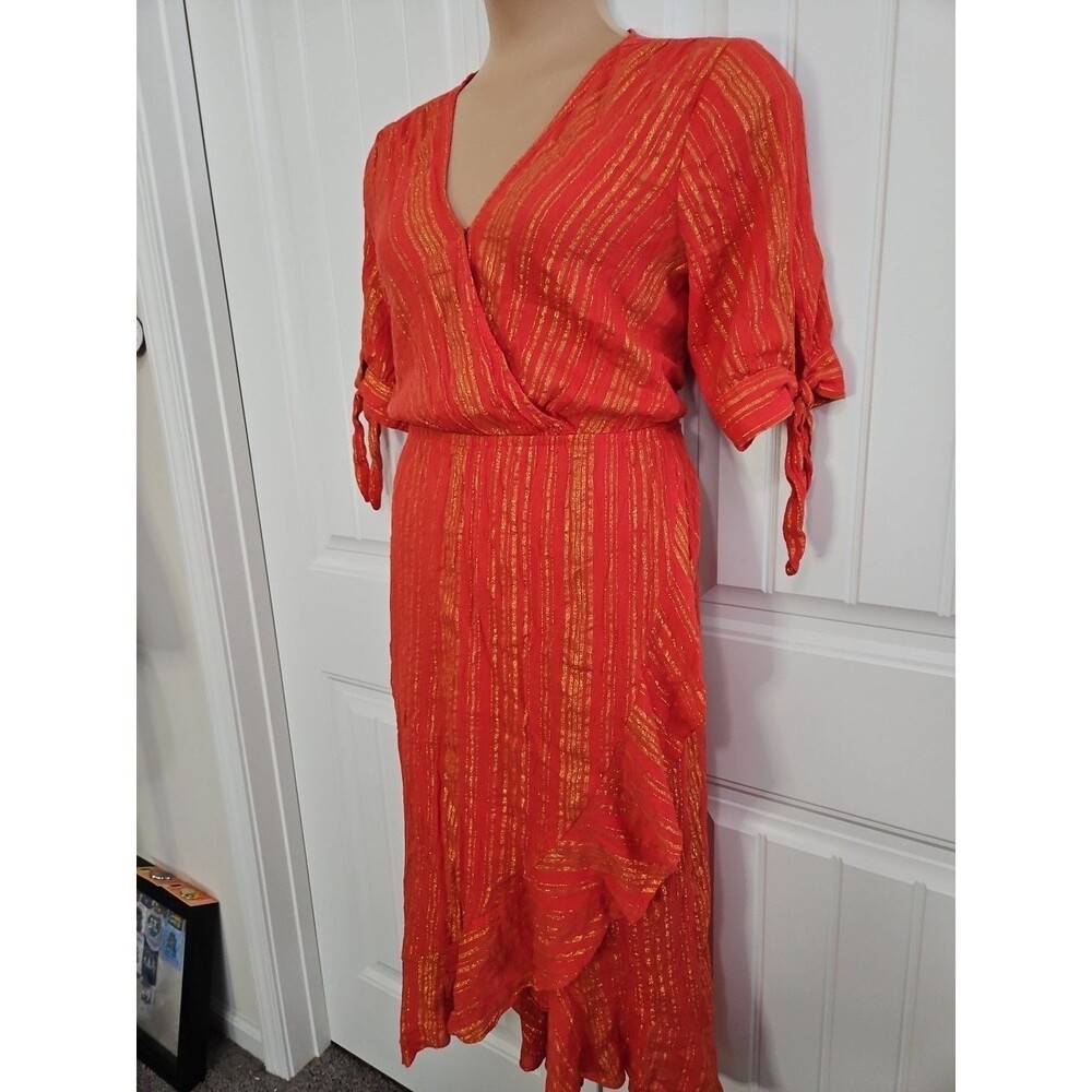 Michael Kors Women's Orange Gold Metallic Stripe V-Neck Faux Wrap Dress Size XL - Picture 2 of 11